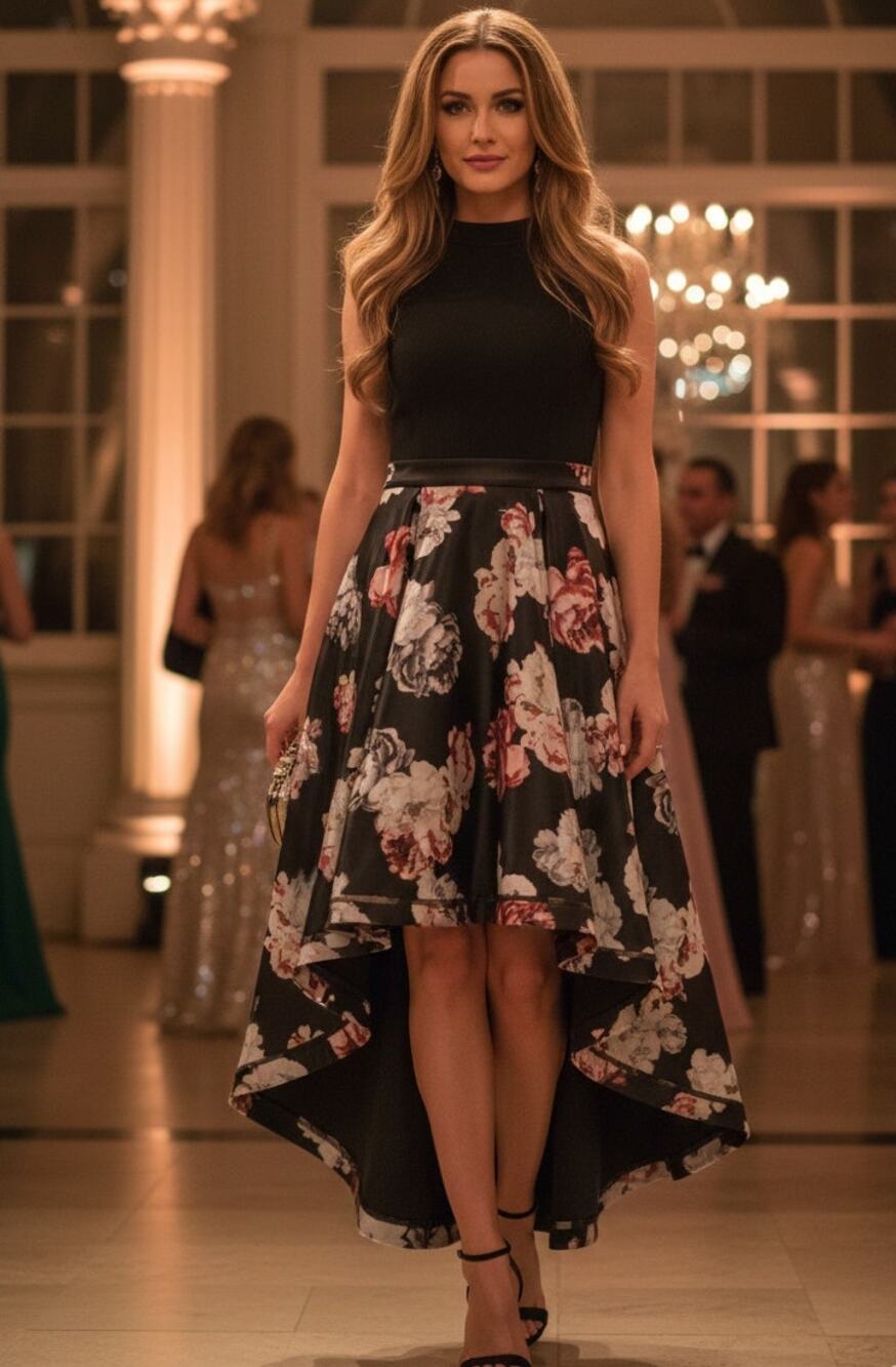 Nicole Miller New York Black Floral HiLow Formal Cocktail Dress SZ 12 Sleeveless